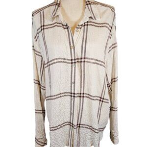Jane & Delancey Seersucker Long Sleeve Button Down Blouse,Cream/Brown Striped,XL